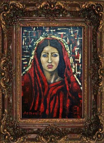 "Portret van een meisje in een rode sjaal" Schilderij  