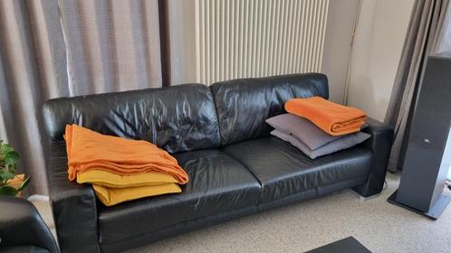 Lederen zithoek - 2-zit + 3-zit, zwart, Huis en Inrichting, Zetels | Complete zithoeken, Gebruikt, Leer, Ophalen