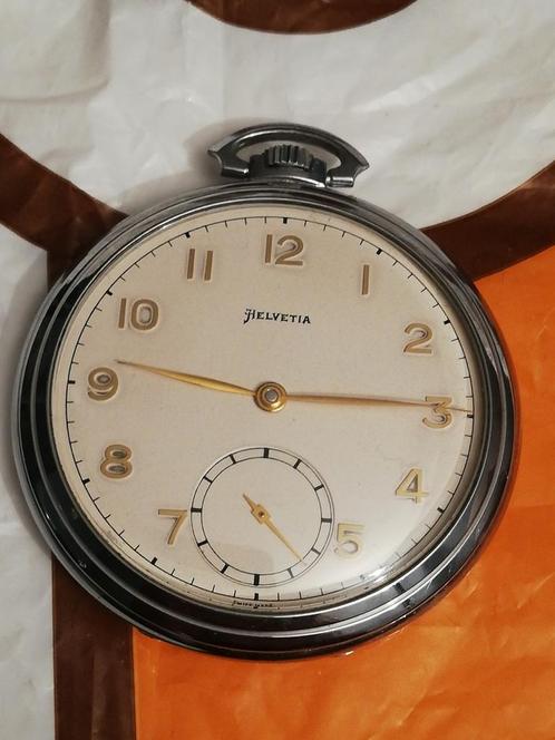 Helvetia zakhorloge antique jaar 1945, Handtassen en Accessoires, Horloges | Antiek, Zakhorloge, Overige merken, Staal, 1930 tot 1960