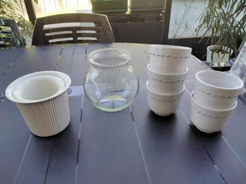 Geëmailleerde keramische plantenpotten en glazen terrarium beschikbaar voor biedingen