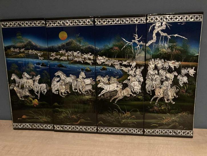 Set van 4 gelakte houten schilderijen uit Vietnam, Antiek en Kunst, Kunst | Niet-Westerse kunst, Ophalen