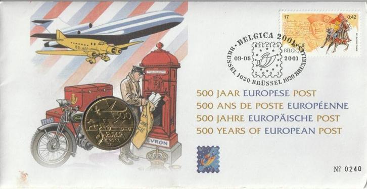 500 ANS DE POSTE EUROPEENNE  MEDAILLE  +  TIMBRE   2001, Postzegels en Munten, Munten | België, Setje, Papier, Ophalen of Verzenden