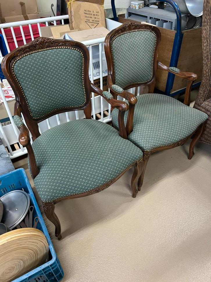Set van 2 antieke stoelen – blauwgroene bekleding, Antiek en Kunst, Antiek | Meubels | Stoelen en Sofa's, Ophalen