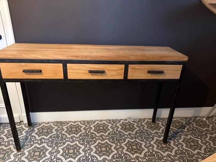Halmeubel massief teak en staal BCosy, Huis en Inrichting, Kasten | Dressoirs, Zo goed als nieuw, 100 tot 150 cm, 25 tot 50 cm