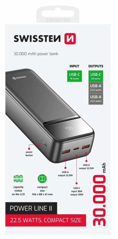 Swissten Powerline II Powerbank 30.000 mAh, Telecommunicatie, Powerbanks, Nieuw, Ophalen of Verzenden