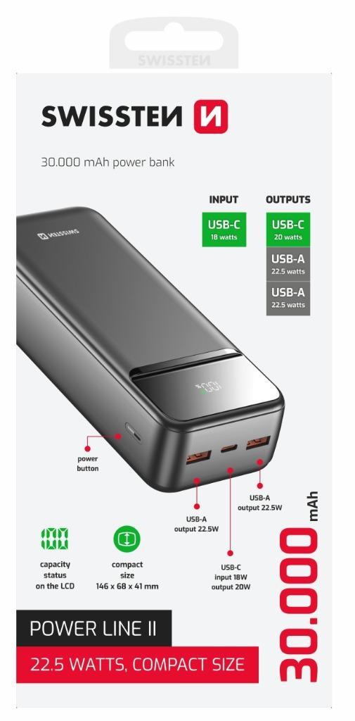 Swissten Powerline II Powerbank 30.000 mAh, Telecommunicatie, Powerbanks, Nieuw, Ophalen of Verzenden