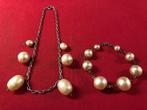 N13 Chaîne avec fausses perles blanches + bracelet, 19/10 cm, Handtassen en Accessoires, Kettingen, Overige materialen, Gebruikt