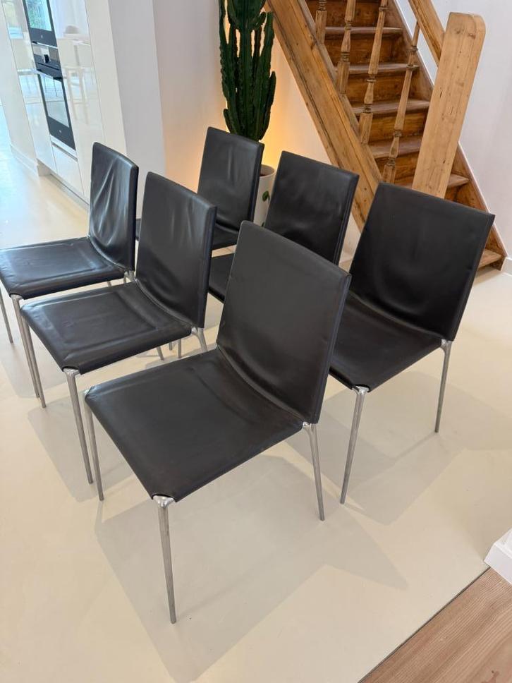 B&B Italia Maxalto – ‘Alma’ eetkamerstoelen – 6x, Huis en Inrichting, Zetels | Zetels, Gebruikt, Eenpersoons, Leer, Metaal, Ophalen