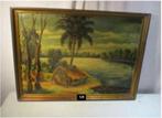 Mooi Oud Geschilderd Werk 'Negerhutjes bij Rivier' - gesign, Antiek en Kunst, Kunst | Schilderijen | Klassiek, Ophalen of Verzenden