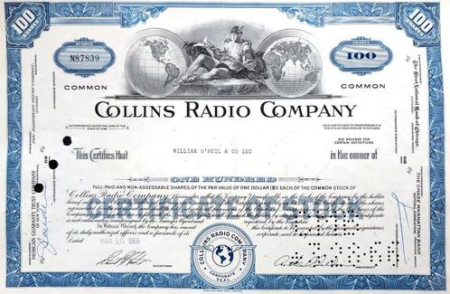 Collins Radio Company (Space Age) 1966, Postzegels en Munten, Aandelen en Waardepapieren, Certificaat van aandeel, 1950 tot 1970