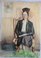 Onbekende Maker aquarel "Zittende Dame met Hoedje", ca 1919, Antiek en Kunst, Kunst | Tekeningen en Fotografie, Ophalen