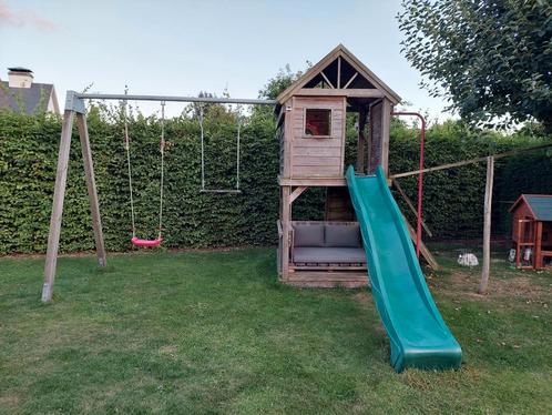 Houten speeltuig, Kinderen en Baby's, Speelgoed | Buiten | Speeltoestellen, Gebruikt, Brandweerpaal, Glijbaan, Klimtouw, Klimwand