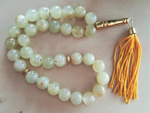 Oude rozenkrans/ tesbih 33 kralen ,natuursteen groene onyx, Handtassen en Accessoires, Antieke sieraden, Koper, Ophalen of Verzenden