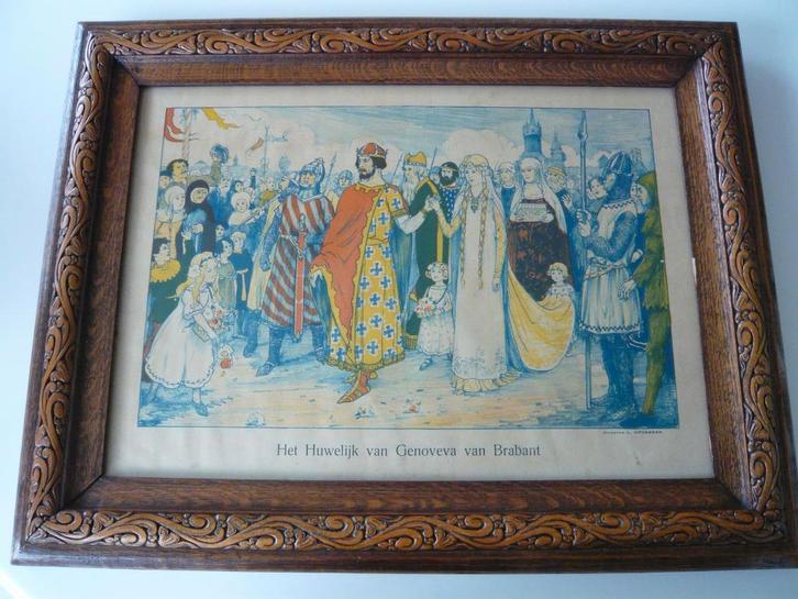 Eiken kader met prent : Huwelijk van Genoveva van Brabant, Antiek en Kunst, Curiosa en Brocante, Ophalen