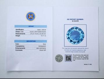 Topaz 13.11 karaat - Instituto Gemólogico Español (IGE) - To beschikbaar voor biedingen