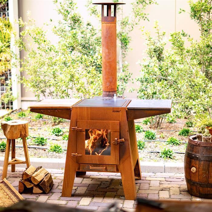 Cortenstaal BBQ, buitenkeuken, kachel met bakplaat, Tuin en Terras, Houtskoolbarbecues, Nieuw, Met accessoires, Ophalen of Verzenden