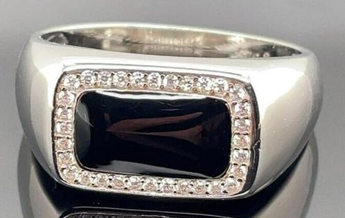 Nieuwe zilveren HEREN zegelring - pinkring + zwart Emaille, Handtassen en Accessoires, Ringen, Nieuw, Heer, 19 tot 20, Zwart, Zilver
