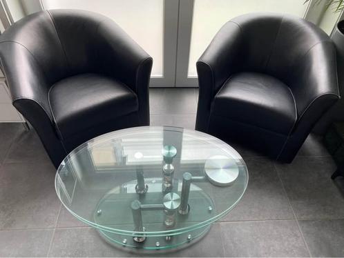 2 Fauteuils cuir (veritable) pivotant & table en verre, Huis en Inrichting, Fauteuils, Gebruikt, Leer, Overige materialen, 75 tot 100 cm