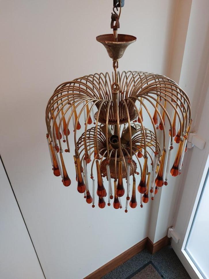 Lustre Art Nouveau –Verre ambre & laiton patiné - Pièce rare, Antiek en Kunst, Antiek | Verlichting, Ophalen of Verzenden