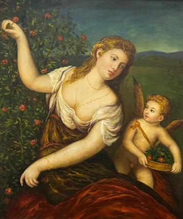 Venus en Amor in een bloeiende tuin, Olieverf op doek, gesig beschikbaar voor biedingen
