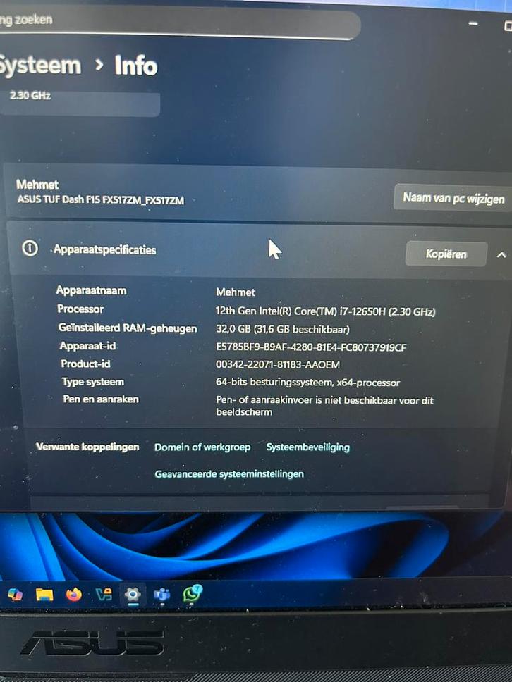 Asus Tuf Dash f15, Computers en Software, Windows Laptops, Zo goed als nieuw, 15 inch, SSD, 4 Ghz of meer, 32 GB, Azerty, Met videokaart