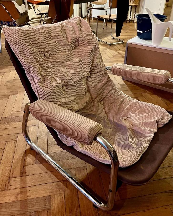 Vintage lounge stoelen met buisframe, Huis en Inrichting, Stoelen, Gebruikt, Twee, Metaal, Stof, Bruin, Ophalen