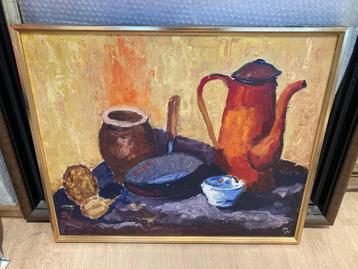 Schilderij met koffiekan, pan en potten beschikbaar voor biedingen