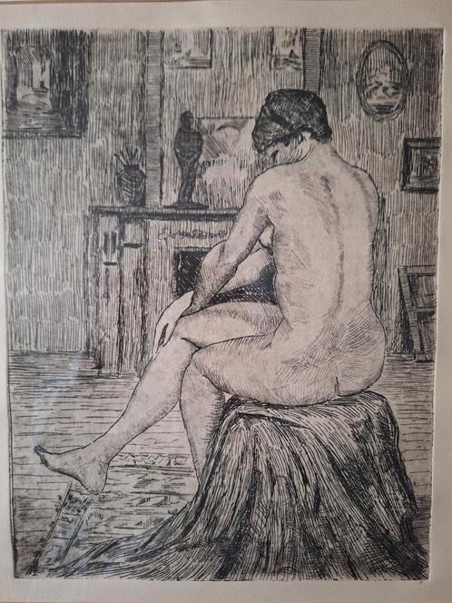 Ets Georges Lemmen Zittende naakte vrouw in interieur, Antiek en Kunst, Kunst | Etsen en Gravures, Ophalen