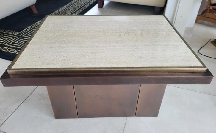Vintage set bijzettafels Belgo Chrom met travertin blad, Huis en Inrichting, Tafels | Bijzettafels, Gebruikt, Rechthoekig, Ophalen