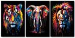 Kleurrijke canvasposters olifant, leeuw en tijger - deco new, Verzamelen, Ophalen of Verzenden, Nieuw, Reclamebord