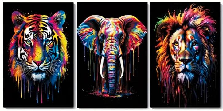 Kleurrijke canvasposters olifant, leeuw en tijger - deco new, Verzamelen, Merken en Reclamevoorwerpen, Nieuw, Reclamebord, Ophalen of Verzenden