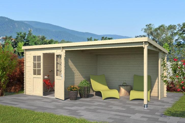 Blokhut met overkapping Sunniva 570x275 vuren, Hobby en Vrije tijd, Overige Hobby en Vrije tijd, Nieuw, Verzenden