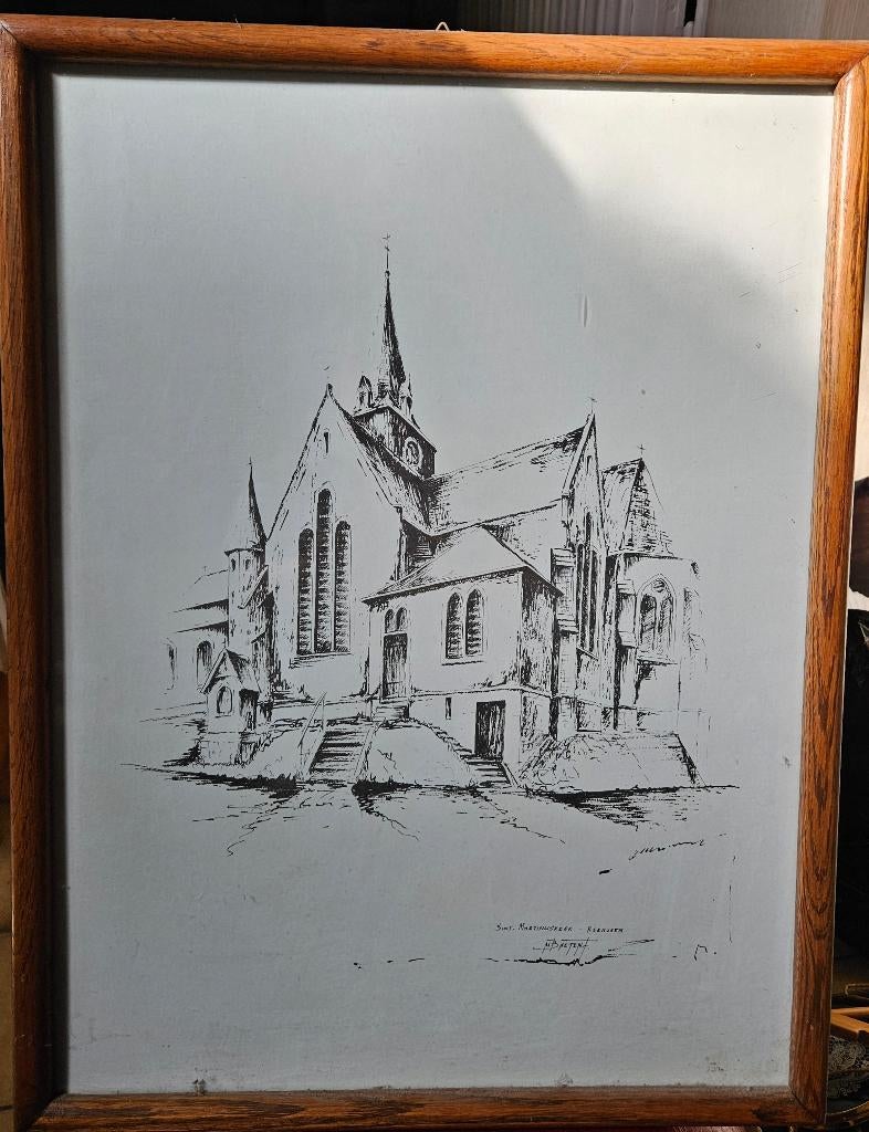 Tekening kerk kerksken, Antiek en Kunst, Kunst | Tekeningen en Fotografie, Ophalen