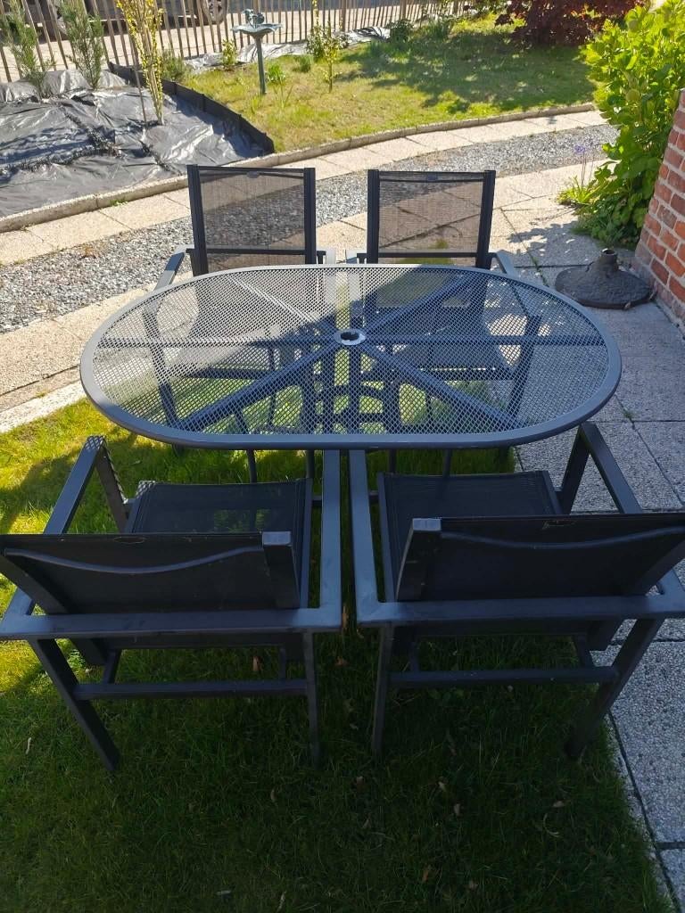 Tuinstoelen + Tafel, Tuin en Terras, Ophalen, Gebruikt, Metaal, Stapelbaar