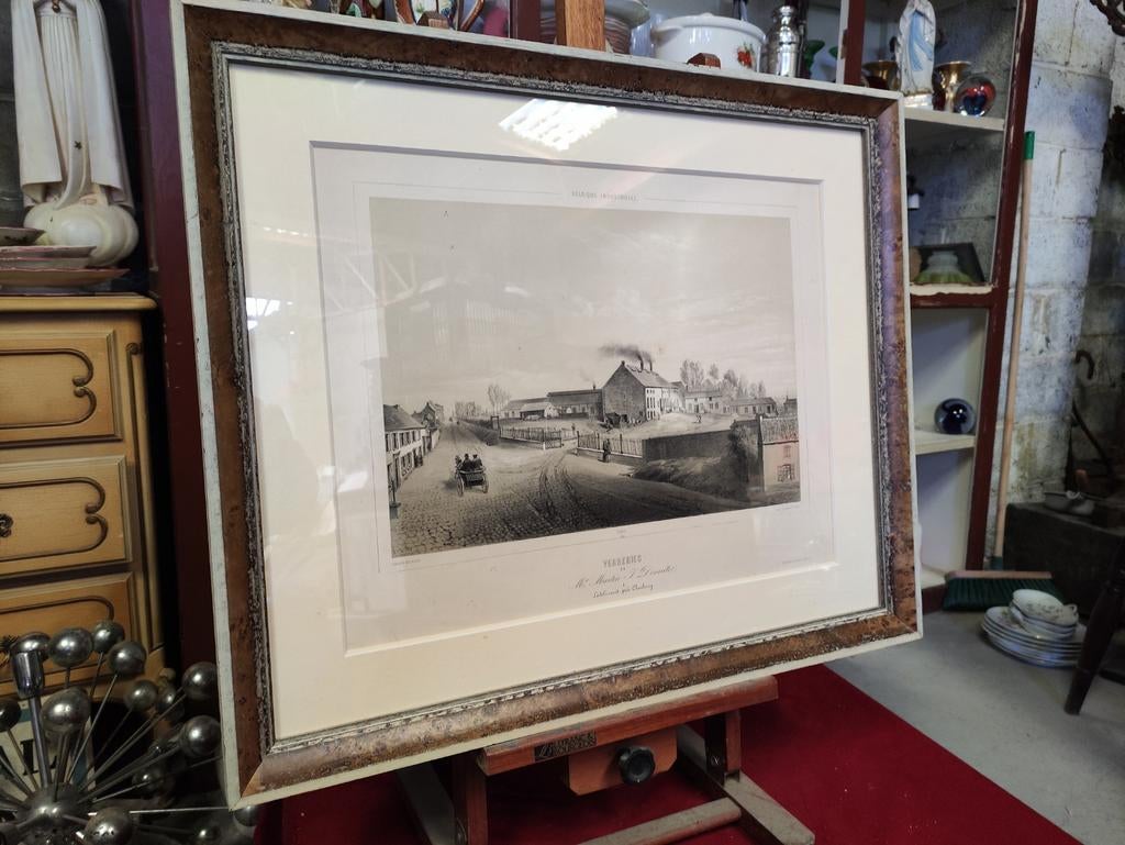 Gravure ancienne Verreries Lodelinsart Charleroi, Ophalen, Gravure, Ingelijst