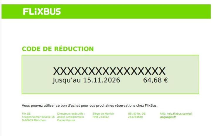 Bon d’achat FlixBus de 64,68 € valable jusqu'au 15/11/2026, Vakantie, Vakantie | Aanbiedingen en Last minute, Eigenaar