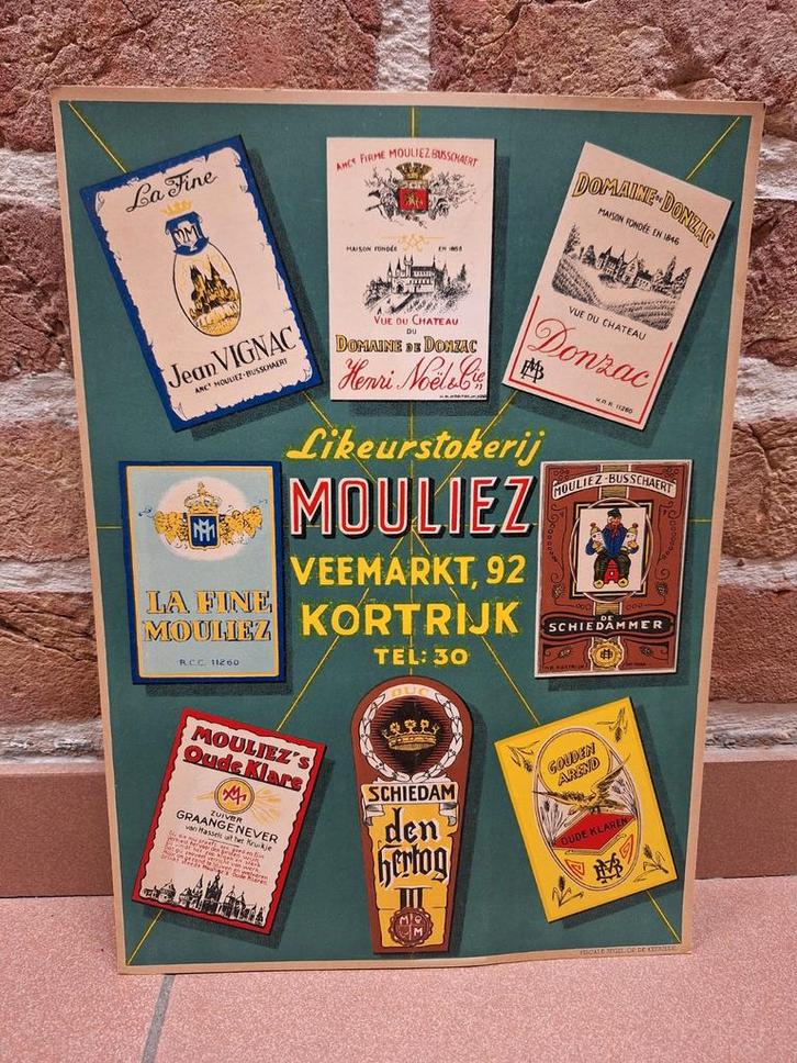 Reclame display Likeurstokerij Genever Mouliez Kortrijk, Verzamelen, Merken en Reclamevoorwerpen, Gebruikt, Reclamebord, Ophalen of Verzenden