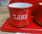 SALE Rood emaille zand zeep soda bakjes met rekje, Antiek en Kunst, Antiek | Email, Ophalen of Verzenden