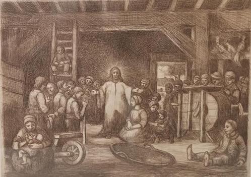 Jacob Smits - ets Jezus predikend in schuur, Antiek en Kunst, Kunst | Etsen en Gravures, Ophalen of Verzenden