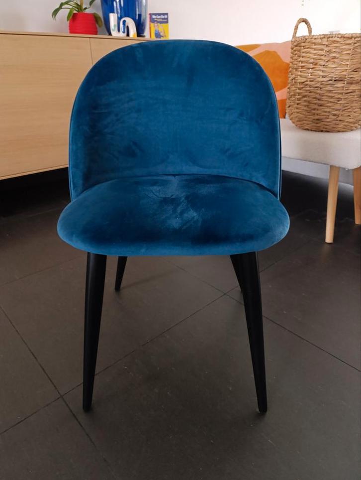 6x eetkamerstoel fluweel/velvet blauw, Huis en Inrichting, Stoelen, Zo goed als nieuw, Stof, Blauw, Ophalen