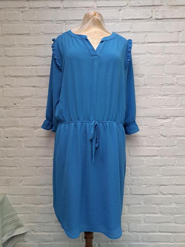 blauwe jurk Bel & Bo schouderfantasie, Kleding | Dames, Jurken, Zo goed als nieuw, Maat 46/48 (XL) of groter, Blauw, Knielengte