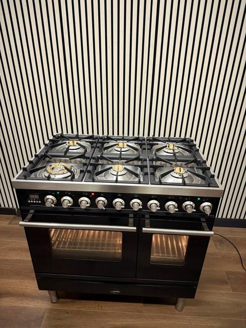 Luxe Boretti Fornuis zwart hoogglans 6 pits 2 ovens 90 cm, Elektronische apparatuur, Fornuizen, Zo goed als nieuw, Vrijstaand