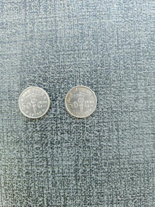 Belgique. 50 centimes van 1927 + 1932., Timbres & Monnaies, Monnaies | Belgique, Monnaie en vrac, Enlèvement ou Envoi