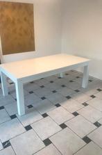 Eettafel van glas en hout met wit verlengstuk, Huis en Inrichting, Tafels | Eettafels, 200 cm of meer, Glas, 100 tot 150 cm, Rechthoekig