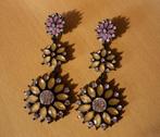 Lange grote oorbellen met 3 paars champagnekleurige bloemen, Bijoux, Sacs & Beauté, Boucles d'oreilles, Enlèvement ou Envoi, Violet