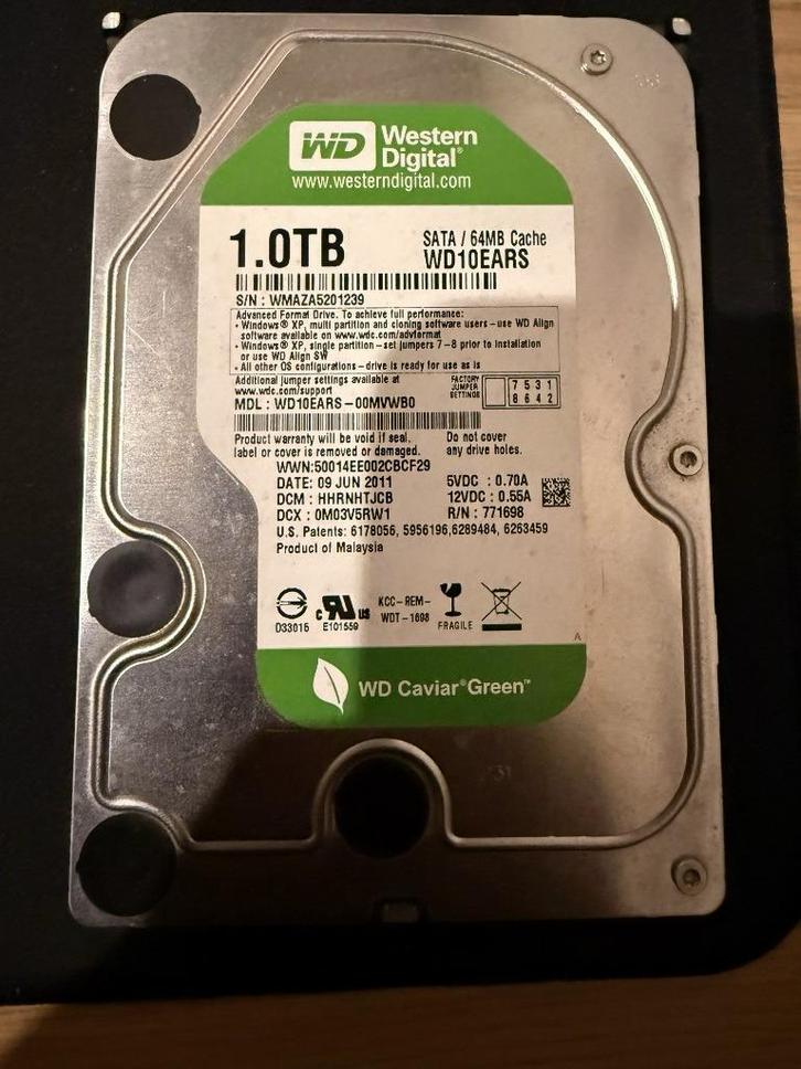 WD Caviar Green 1TB SATA 64MB Cache (WD10EARS), Computers en Software, Harde schijven, Gebruikt, Desktop, Intern, HDD, SATA, Ophalen of Verzenden