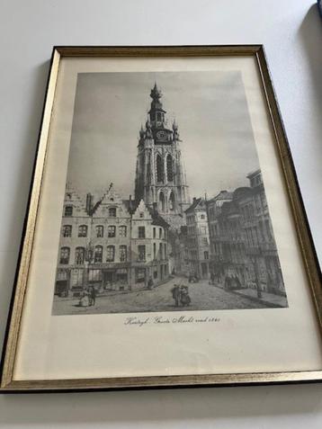 pentekening Kortrijk Grote Markt rond 1840