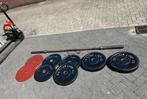 Barre d’haltère olympique avec plaques de pare-chocs 75 KG, Set d’haltères, Utilisé, Enlèvement ou Envoi, Jambes