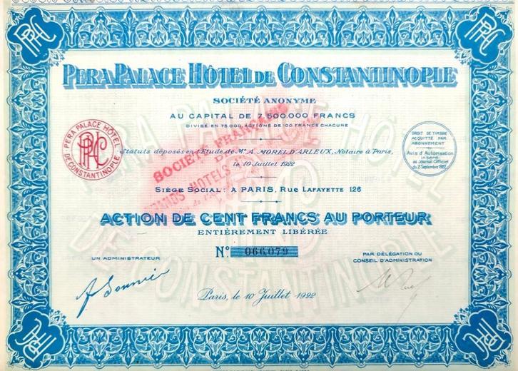 Pera Palace (Agatha Christie) Hôtel de Constantinople 1922, Postzegels en Munten, Aandelen en Waardepapieren, Aandeel, 1920 tot 1950