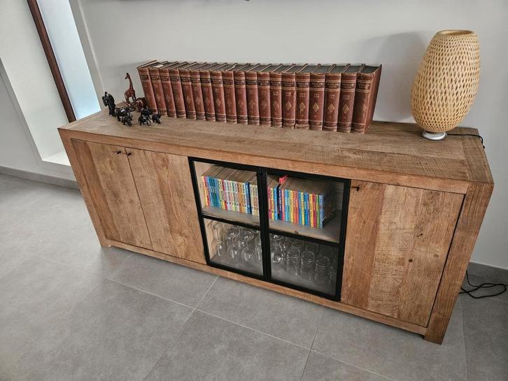 Massieve teak dressoir, Huis en Inrichting, Kasten | Dressoirs, Zo goed als nieuw, Teakhout, Glas, Metaal, Ophalen